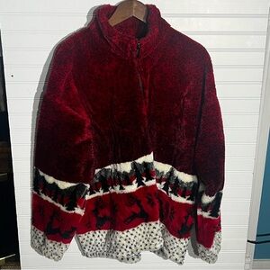 Vtg Cobblestone Canyon Red/White/Black Christmas Tree Reindeer Fleece Jacket
